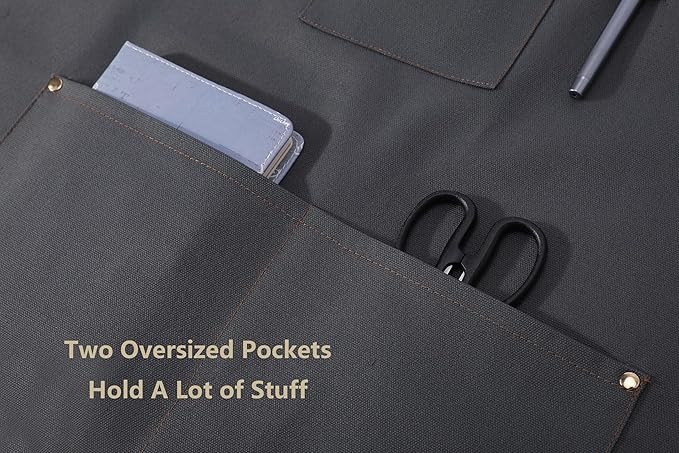 AFUN Chef Aprons for Women Men with Oversized Pockets, 12-Ounce Cotton Canvas Cross Back Water Repellent Apron (Grey) - Image 8
