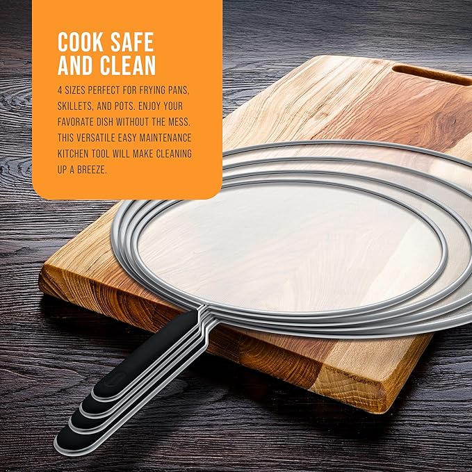U.S. Kitchen Supply 4-Piece Stainless Steel Splatter Guard Set (13", 11.5", 10",8”) Fine Mesh Cover, Grease & Oil, Splatter Screen for Frying Pan, Cooking Pots, with Comfort Grip Handles - Image 7