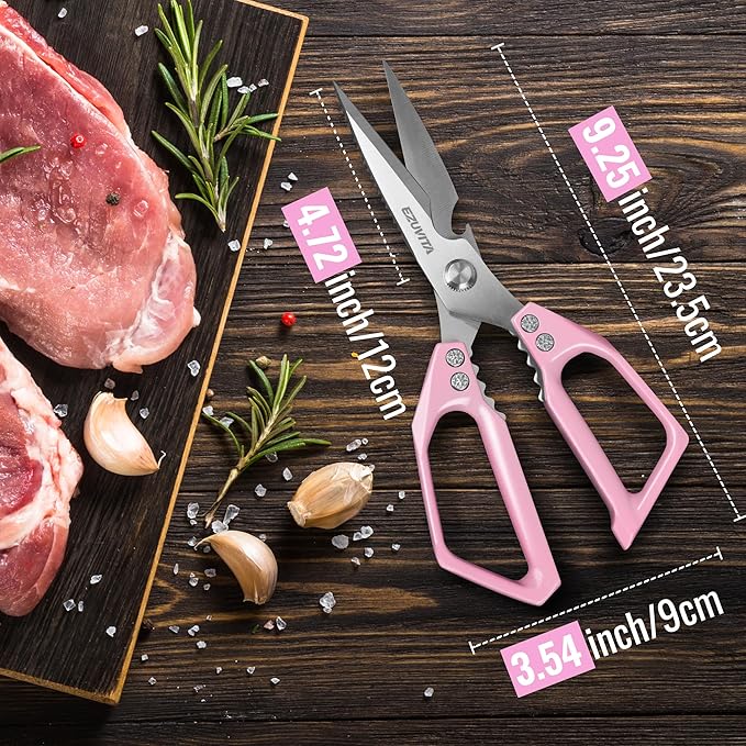 5-in-1 Multifunctional Heavy-Duty Korean Kitchen Scissors with Tweezer, Pink All Purpose Kitchen Shears with Stainless Steel Blades, Dishwasher Safe Bone Cutting scissors for Meat, Vegetables
