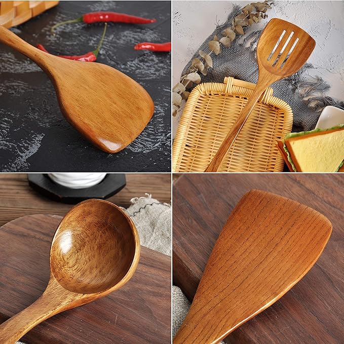 Wooden Spatula,Slotted Turner,Soup Ladle,Long Handle Utensils Set,Handmade for Kitchen Cookware (Wooden Utensil 4 Sets) - Image 8