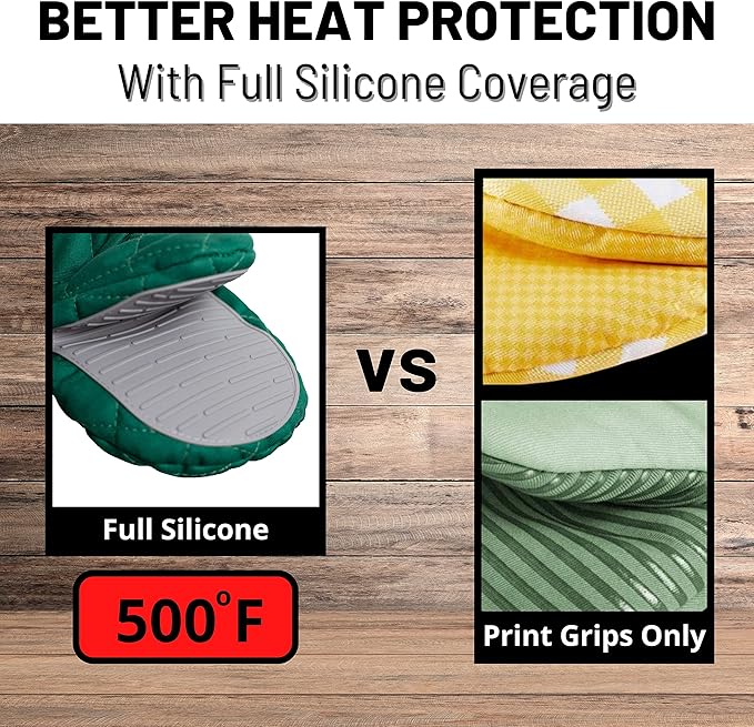 Oven Mitts Heat Resistant – (Green) Mini Oven Mitts, Silicone Gloves Heat Resistant, Kitchen Gloves for Cooking, Silicone Oven Mitts & Pot Holders Sets, Kitchen Pot Holders & Oven Mitts Sets