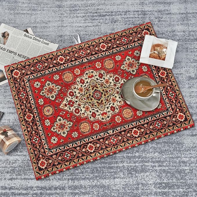 Royal Red Moroccan Dish Drying Mat Old Red Persian Carpet Texture Abstract Drying Rack Pad Countertop Dishes Ultra Absorbent Microfiber Kitchen Counter Mat 18x24 Inch
