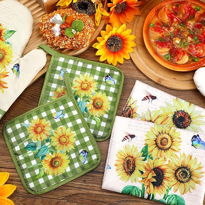 Leinuosen 6 Novelty Sunflower Kitchen Towels Kitchen Decor and Accessories Set Floral Plant Oven Mitts and Pot Holders Sets Farmhouse Absorbent Dish Towels for Cooking Baking Grilling - Image 7