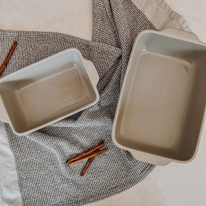 Mora Ceramic Set of 2 Baking Dishes For Casserole, Banana Bread, Brownies, Broiling, Roasting, and Baking. 7x11 in and Loaf Pans - Porcelain Serving Bakeware from Oven to Table. Freezer Safe - Grey - Image 7