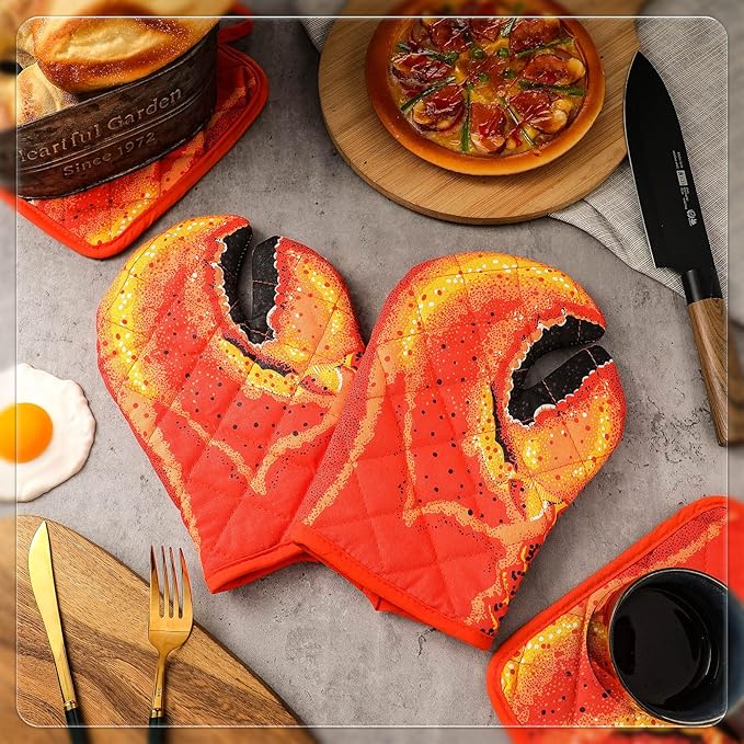4 Pcs Lobster Claw Oven Mitts and Pot Holders Quilted Cotton Lining Design Heat Resistant Oven Gloves Set with Poth Holder Microwave Gloves Safe for Baking Cooking Barbecue - Image 7