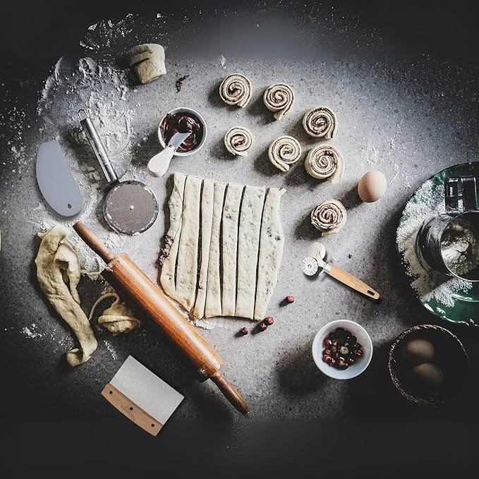 NAZANIN Baking Trio Set – Stainless Steel Dough Scraper with Beech Wood Handle, Pastry Cutter Wheel, and BPA-Free Silicone Bowl Scraper – Essential Bread, Pizza, Pastry, and Baking Tools