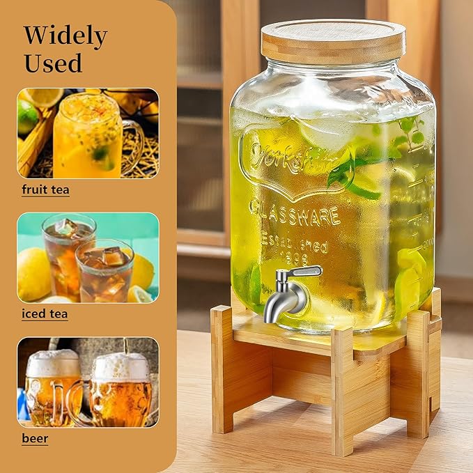 Drink Dispenser with Wood Stand and Lid,2 Gallon Glass Beverage Dispenser with Stainless Steel Spigot for Parties,Picnics,Barbecues,Lemonade,Sun tea Jar,ice coffee,Laundry Detergent Dispenser - Image 7