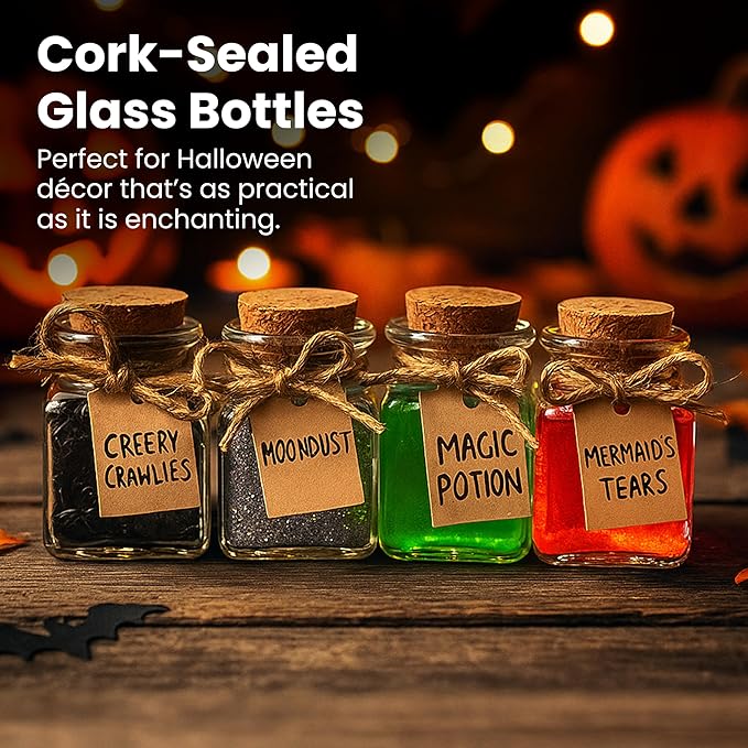 BLUE PANDA 30 Pack Small Glass Bottles with Cork Lids, 50ml Mini Jars with Twine & Tags – Square Glass Bottles for Spices, Spell Jars, Crafts, Party Favors, Weddings & DIY Storage