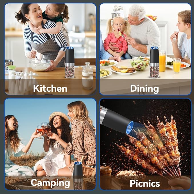 UNNEES Gravity Electric Salt and Pepper Grinder, Automatic Salt And Pepper Grinder, Adjustable Roughness, Battery Powered, LED Light, 1 Pack, (Black) - Image 7