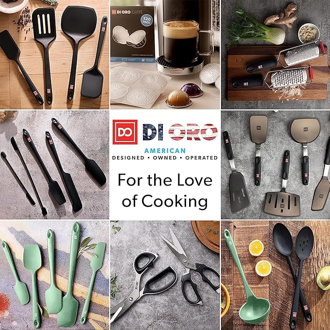 DI ORO Silicone Spoons for Cooking - Large Kitchen Spoons for Mixing, Serving, & Stirring - 600°F Heat-Resistant Non Stick Utensils – Big Solid & Slotted Basting Spoons - Dishwasher Safe (2pc, Sage) - Image 8