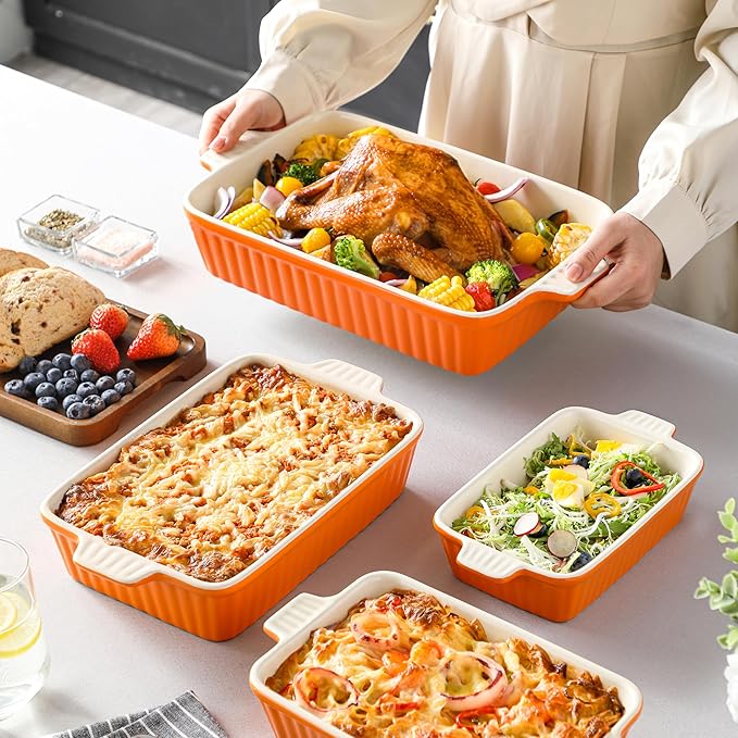 MALACASA Bakeware Set of 4, Porcelain Baking Pans Set for Oven, Casserole Dish, Ceramic Rectangular Baking Dish Lasagna Pans for Cooking Cake Kitchen, Orange(9.4"/11.1"/12.2"/14.7"), Series BAKE.BAKE - Image 7