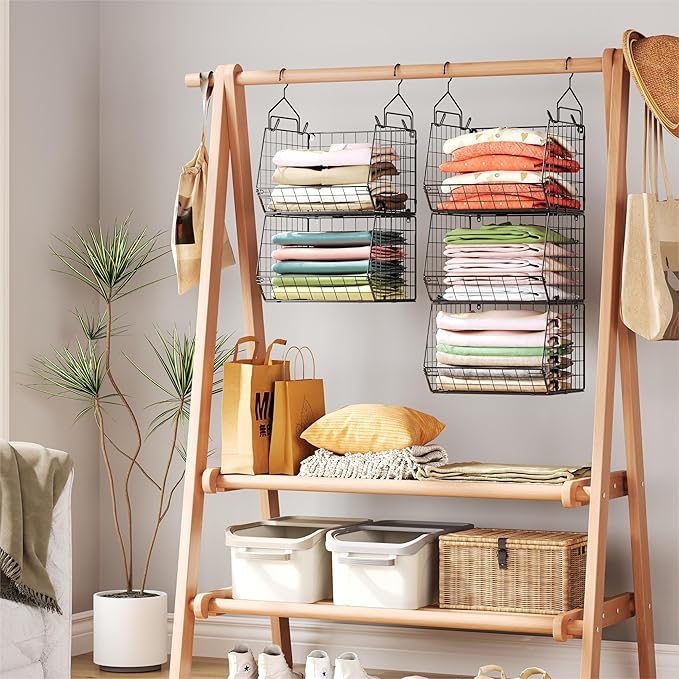 5 Tier Closet Hanging Organizer, Clothes Hanging Shelves with 4 Hanging Hooks 5 S Hooks, Wire Storage Basket Bins, for Clothing Sweaters Shoes Handbags Clutches Accessories Patent Design - Image 7