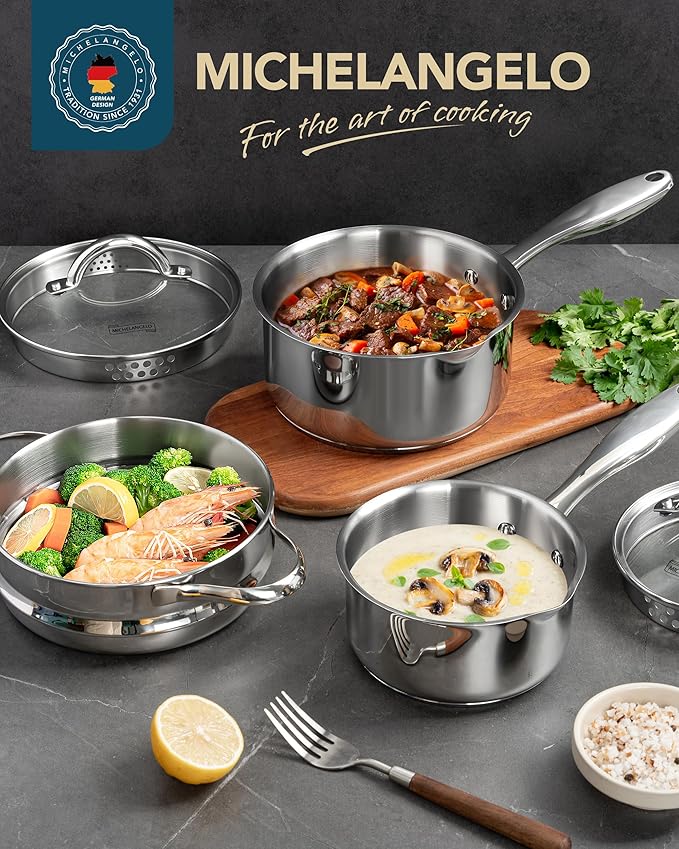 MICHELANGELO Stainless Steel Sauce Pot Set with Steamer 5Pcs, 18/10 Saucepan Set with Pour Spout & Strainer Glass Lids, Sauce pan with Triply Bottom Induction Compatible - 1QT & 2QT - Image 7