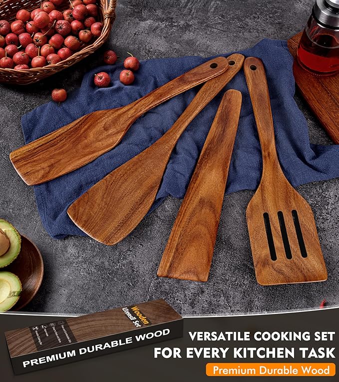 4Pcs Wooden Spatula for Cooking, Acacia Wooden Spatula for Kitchen Use, Nonstick Cookware Safe Utensils Set including Turner, Slotted Turner, Paddle and Scraper, Ideal Cooking Utensils Gift Set - Image 7