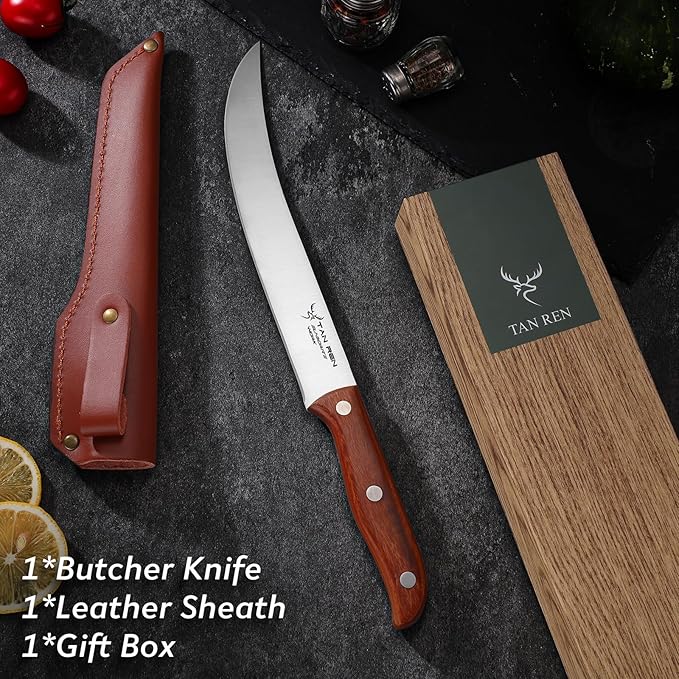 TAN REN Butcher Breaking Knife 8 Inch, Stainless Steel for Meat Cutting, Brisket Trimming With Sheath, Ergonomic Wooden Handle, Carving