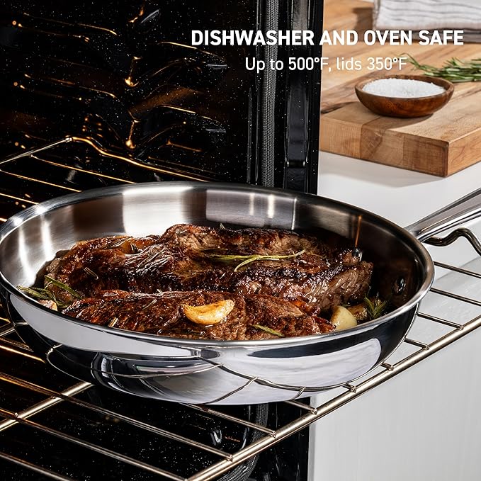 T-Fal Pro Tri-Ply Stainless Steel Saute Pan with Lid, 3 Quart, Induction Pot, Oven Safe 500F, Lid 350F, Deep Frying Pan, Fast & Even Heat, Professional Quality, Durable, Silver - Image 6