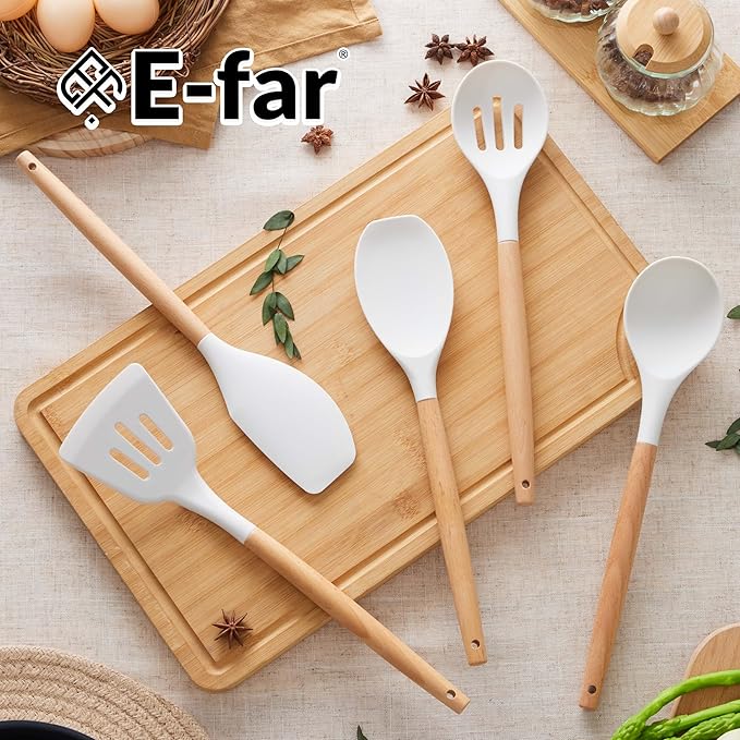 E-far Silicone Cooking Utensils Set, 446℉ Heat Resistant 10PCS Kitchen Utensils Set with Wooden Handle for Nonstick Cookware, Kitchen Tools Spatula Whisk Tongs Ladle, Non-toxic & Healthy, White - Image 7