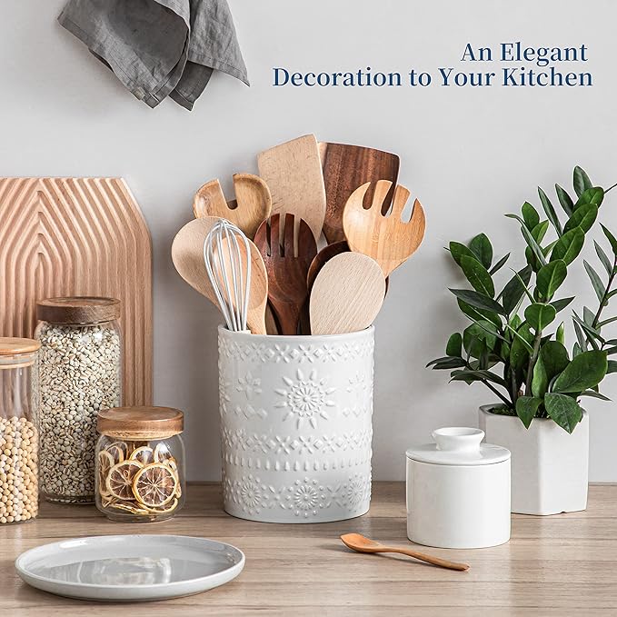 LOVECASA Extra Large Kitchen Utensil Holder, 7.2" Ceramic Farmhous Utensil Holder For Kitchen Countertop Décor With Heavy And Sturdy Base, Utensil Crock Organizer, White - Image 8