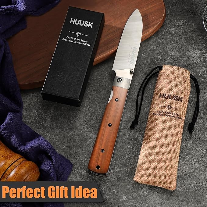 Huusk Folding Chef Pocket Knife - Japanese Santoku Knives, edc Kitchen Knives with 440C Stainless Steel Ultra Sharp Blade, Portable Meat Knives for Vegetable, Christmas Gift for Men and Women