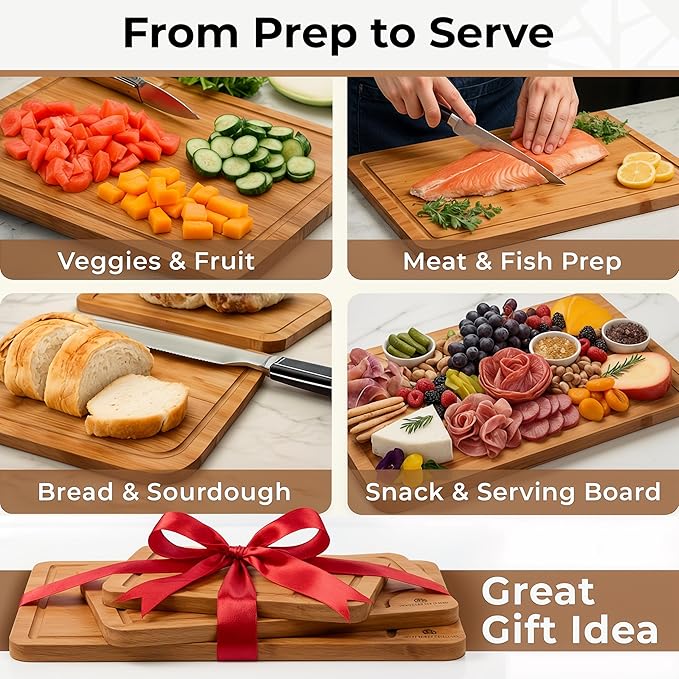 Set of 3 Bamboo Cutting Boards for Kitchen - Thick & Durable Wood Cutting Boards Set with Deep Juice Grooves & Build-in Handles, Large Surface, Easy to Clean – for Meat, Vegetables and Fruits