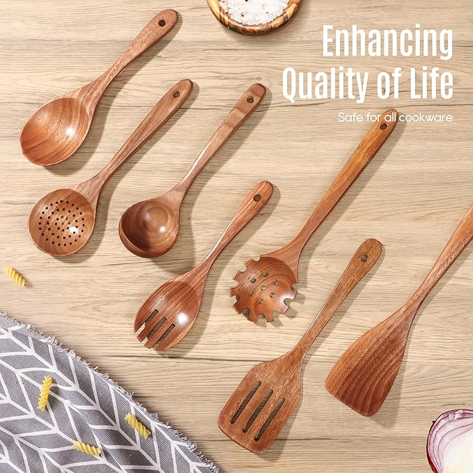 7 PCS Wooden Spoons for Cooking Natural Teak Kitchen Utensils Smooth Non-Stick Surface Cooking Utensils Set Soft Comfort-Grip Wooden Utensils for Cooking - Image 7