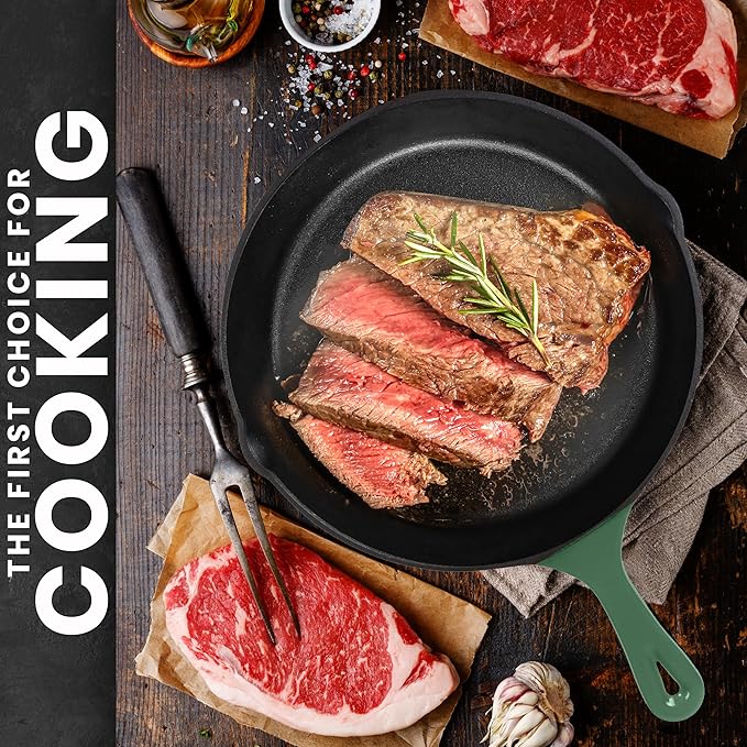 Utopia Kitchen Cast iron Skillets 3 Piece Set, Chefs Pan, Pre Seasoned Cast iron Skillets, 6, 8 & 10 Inches, Easy Use in the Oven, Stove, Grill, or Campfire, Green - Image 6
