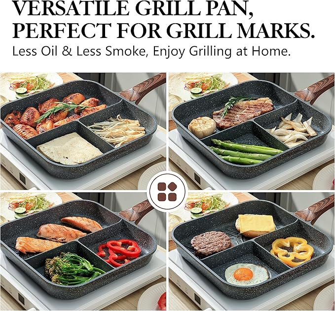 SENSARTE Nonstick Divided Grill Pan for Stove Tops, 3-Section Versatile Breakfast Grilling Pan, Durable Square Grill Skillet, Steak Griddle Pan, PFOA, PFOS, APEO Free, Induction Compatible, 9.5 Inch - Image 8