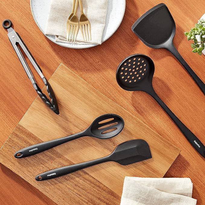 GreenPan 5 Piece Cooking Utensil Set, Flexible Nonstick Silicone, Stain-Free, Tongs, Turner, Spatula, Skimmer, and Slotted Spoon, Black - Image 12