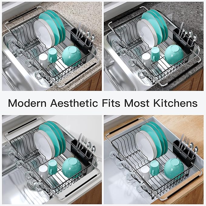 JASIWAY Dish Drying Rack in Sink, Expandable Stainless Steel Dish Drainers for Kitchen Counter, Space Saving Dish Dryer Rack with Drainboard, Over The Sink Dish Racks with Utensil Holder, Black - Image 9
