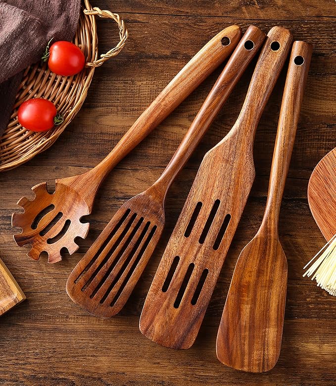 Wooden Kitchen Utensils Set, 11 Pcs Teak Wood Cooking Utensils Spoons Spatulas Spurtles Kit Non-stick Natural Kitchen Tools for Cooking