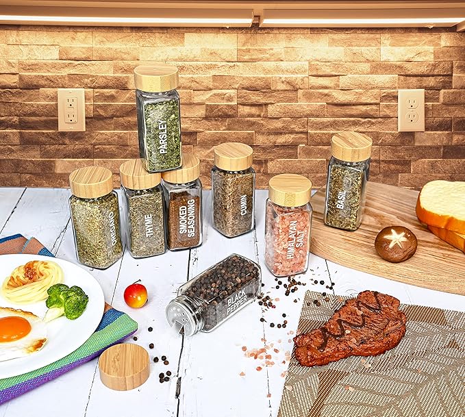 Glass Spice Jars with Label Set, Bamboo Lids & Funnel - Kitchen Airtight Storage Jars with Lids - Spices and Seasonings Sets Organizer, Spice Glass Jar with Lid Food Canister Bottle Sugar Shaker - Image 8