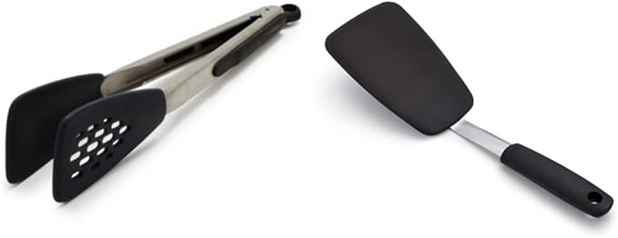 OXO Good Grips Large Silicone Flexible Turner, Stainless Steel & Good Grips Silicone Flexible Tongs Stainless,Black, by OXO