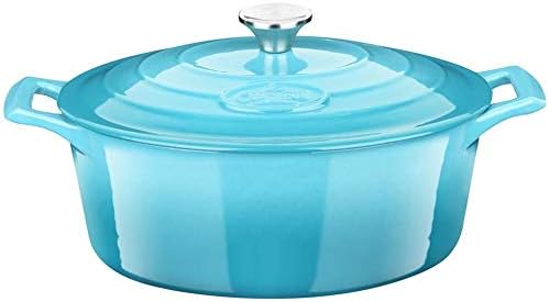 La Cuisine Enameled Cast Iron Oval Dutch Oven Casserole Pot with Lid, 6.75 QT Internal Matte Black Enamel for bread baking, 2-ton Teal Enamel Coating Finish Exterior, Oven Safe up to 480° F