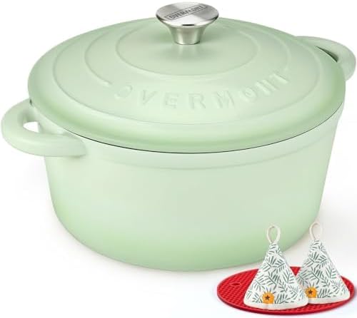 Overmont Enameled Cast Iron Dutch Oven - 4.5QT Pot with Lid Cookbook & Cotton Potholders - Heavy-Duty Cookware for Braising, Stews, Roasting, Bread Baking Verdant by Overmont