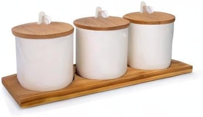 June Sky Ceramic Food Storage Containers with Bamboo Lid- Modern Design Porcelain Jar- Perfect Canister for Sugar Bowl Serving Tea, Coffee, Spice- Condiment Pot 8 oz, white