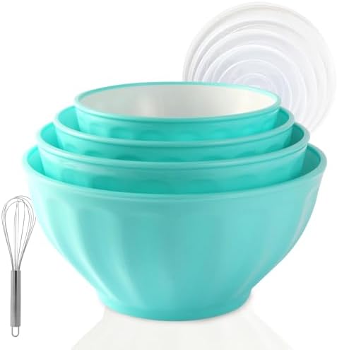 Plastic Mixing Bowls,Serving Bowls with Lids Set,4 Bowls 4 Lid 1Egg Whisk for Kitchen Mixing,Storage Food,Refrigerator, Dishwasher, Microwave safe,Blue