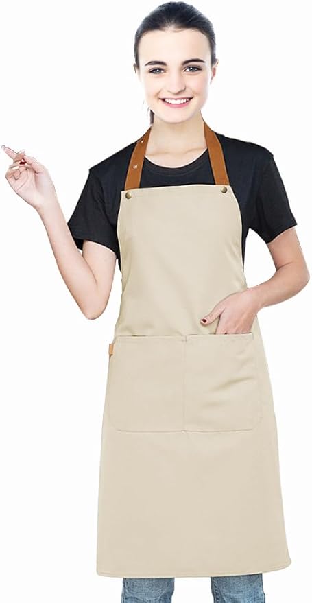 Kitchen Bib Apron with Pockets, Women Men Adjustable Neck Strap Water Resistant Apron for Chef Artist Waiter