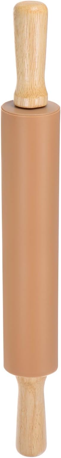 HARFINGTON Silicone Rolling Pins for Baking 16.93 Inch Non-Stick Silicone Surface Wooden Handle Rolling Pin Small Roller Playdough Rolling Pins for Fondant Kitchen Dough Pizza, Brown