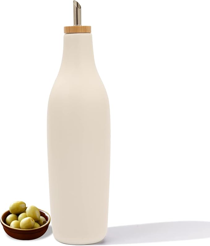 HOMCDALY Ceramic Olive Oil Dispenser for Kitchen, Stoneware 16oz Oil and Vinegar Bottles Dispenser, Kitchen Dispenser Bottle for EVOO Vinegar Syrups, Modern Farmhouse Design(W) by HOME