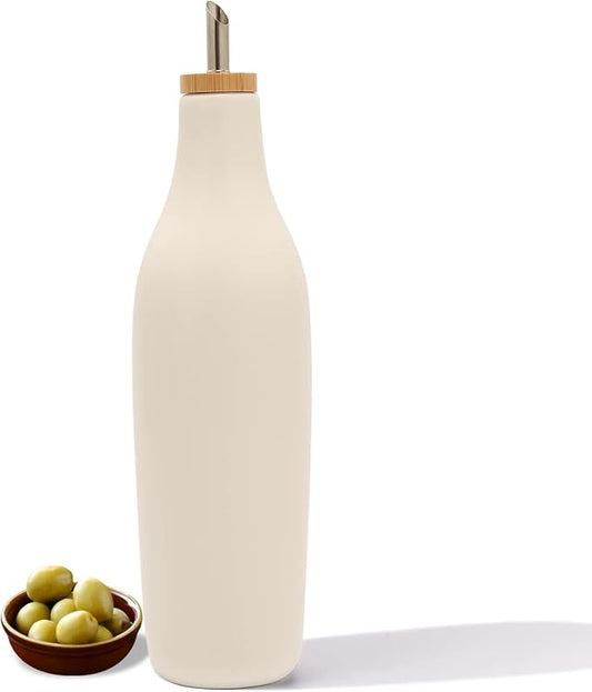 HOMCDALY Ceramic Olive Oil Dispenser for Kitchen, Stoneware 16oz Oil and Vinegar Bottles Dispenser, Kitchen Dispenser Bottle for EVOO Vinegar Syrups, Modern Farmhouse Design(W) by HOME