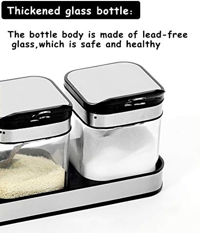 Condiment Jar Spice Container with 304 Stainless Steel Lids and Spoons,Clear Glass Condiment Canisters Pots Seasoning Box Salt Container Sugar Bowl Set of 2 for Kitchen, Counter, Food Storage