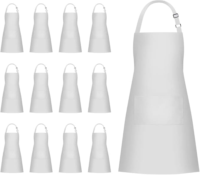 Jubatus 12 Pack Bib Aprons with 2 Pockets Cooking Chef Kitchen Apron for Women Men, White by Jubatus