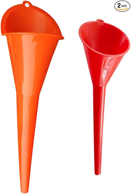 2PCS Long Neck Oil Funnels, Multi-Purpose Spill Saver Funnel, Plastic Funnel for Filling Automotive Oils Lubricants Engine Oils Water Diesel Fuel Kerosene and Other Liquids (Small Red+Orange)
