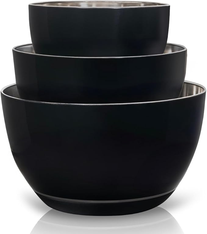 WHYSKO Stainless Steel Mixing Bowls Set of 3 with Non-Slip Silicone Base, Nesting Metal Bowls for Meal Prep, Baking, Cooking & Food Storage, Dishwasher Safe Kitchen Mixing Bowls, Black by WHYSKO