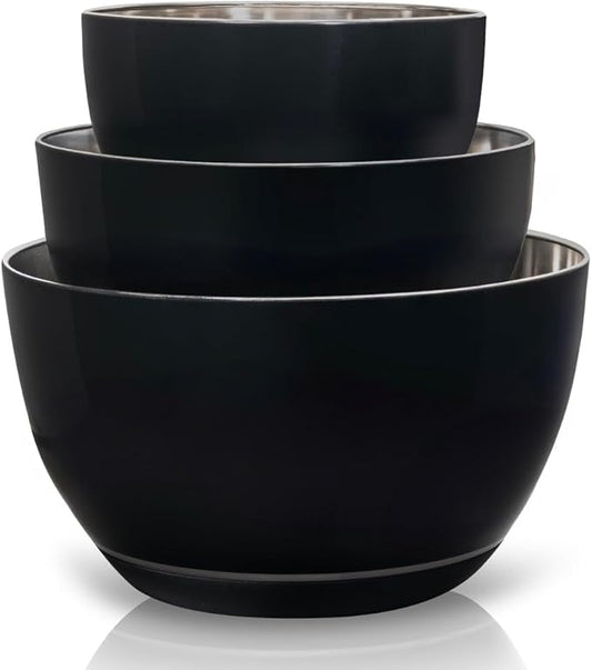WHYSKO Stainless Steel Mixing Bowls Set of 3 with Non-Slip Silicone Base, Nesting Metal Bowls for Meal Prep, Baking, Cooking & Food Storage, Dishwasher Safe Kitchen Mixing Bowls, Black by WHYSKO