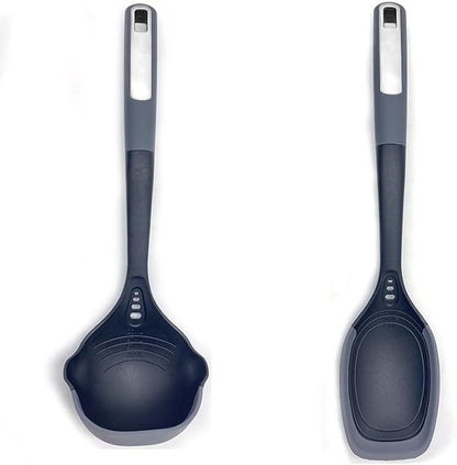 Flexible & Sturdy Kitchen Ladle Spoon Set for Nonstick Pots n Pans | Heat-Resistant Soup Ladle Canning Serving Spoons with Measurement Marks | Dishwasher Safe Cooking Utensil Tools
