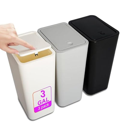 N. NETDOT 3 Pack Small Trash Can with lid, 3 Gallon Bathroom Trash Can,Garbage Can Slim Trash Bin Waste Basket for Bathroom,Kitchen,Bedroom,Living Room,Office,Laundry - Off White,Black,Grey by NNETDOT
