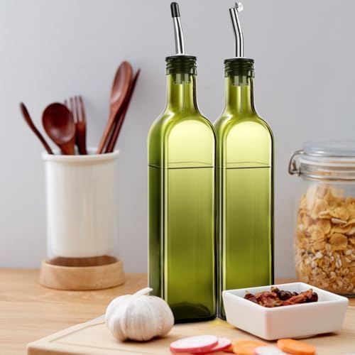 Leaflai Olive Oil Dispenser Bottle, 1 Pcs Green Glass Olive Oil Dispenser and Vinegar Dispenser Set with 2 Stainless Steel Pourers, 2Labels,1 Brush and 1 Funnel Oil Bottles for Kitchen, 17 oz(500ml) - Image 7