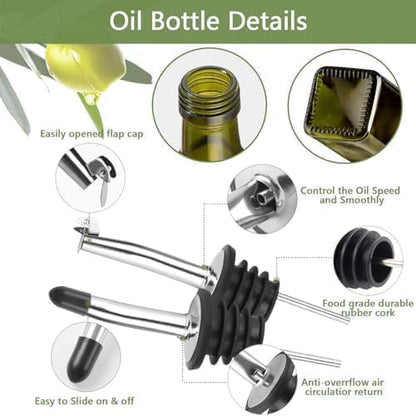 Leaflai Olive Oil Dispenser Bottle, 1 Pcs Green Glass Olive Oil Dispenser and Vinegar Dispenser Set with 2 Stainless Steel Pourers, 2Labels,1 Brush and 1 Funnel Oil Bottles for Kitchen, 17 oz(500ml) - Image 3