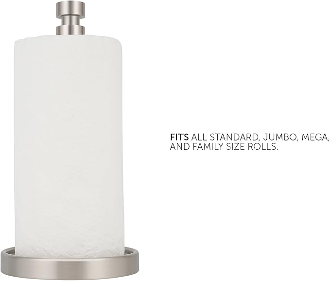 Ivilon Countertop Paper Towel Holder - Weighted Heavy Duty Steel Stand with Non-Slip Base for a Steady One-Handed One Sheet Tear - Fits All Rolls - Brushed Nickel - Image 3
